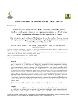 Revista Mexicana De Biodiversidad 89 (2018): 243-267 Caracterización De La Avifauna De La Guásima, Concordia, Sur De Sinaloa