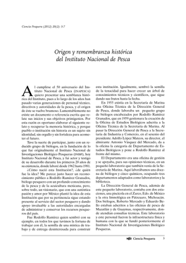 Ciencia Pesquera 20(2): 3-7, Noviembre De 2012 Origen Y Remembranza Histórica Del Instituto Nacional De Pesca