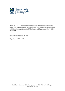 The Arnot Robertson V. MGM Libel Case (1946-1950) and the Evolution of BBC Policy on Broadcast Film Criticism