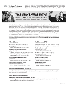 The Sunshine Boys USC Librarie S R E S O U R C E G U I D E Wednesday, October 30, 2013, Ahmanson Theatre, Los Angeles