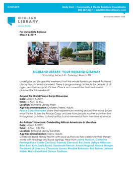 RICHLAND LIBRARY, YOUR WEEKEND GETAWAY Saturday, March 9 - Sunday, March 10