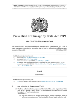 Prevention of Damage by Pests Act 1949 Is up to Date with All Changes Known to Be in Force on Or Before 25 March 2021