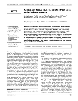 Vagococcus Fessus Sp. Nov., Isolated from a Seal and a Harbour Porpoise