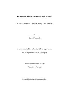 The Social Investment State and the Social Economy the Politics Of