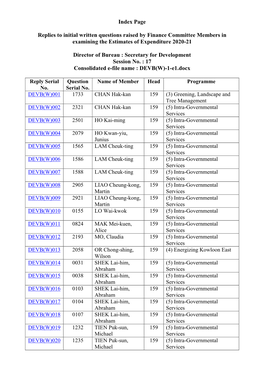 Index Page Replies to Initial Written Questions Raised by Finance