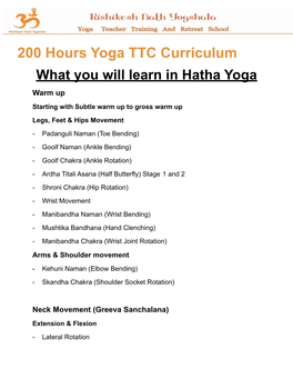 200 Hours Yoga TTC Curriculum What You Will Learn in Hatha Yoga Warm Up