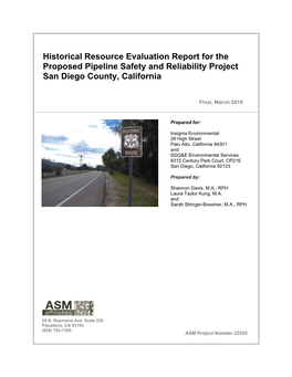 Historical Resource Evaluation Report for the Proposed Pipeline Safety and Reliability Project San Diego County, California