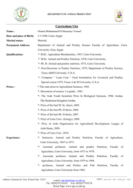 Curriculum Vita Name : Osama Mohammed El-Husseiny Yousef Date and Place of Birth: 1/1/1948, Cairo, Egypt