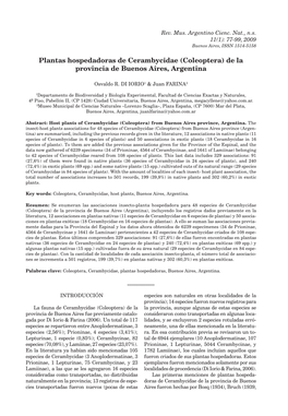 Plantas Hospedadoras De Cerambycidae (Coleoptera) De La Provincia De Buenos Aires, Argentina