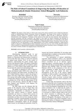 The Role of School Committees in Improving the Quality of Education at Muhammadiyah Islamic Elementary School Blangpidie Aceh Indonesia