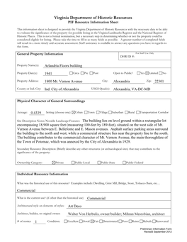 Virginia Department of Historic Resources PIF Resource Information Sheet