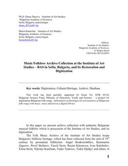 Music Folklore Archive Collection at the Institute of Art Studies – BAS in Sofia, Bulgaria, and Its Restoration and Digitization
