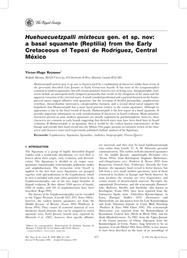 Huehuecuetzpalli Mixtecus Gen. Et Sp. Nov: a Basal Squamate (Reptilia) from the Early Cretaceous of Tepexi De Rodrõâguez, Central Meâ Xico
