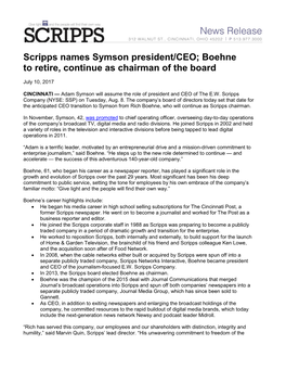 Scripps Names Symson President/CEO; Boehne to Retire, Continue As Chairman of the Board