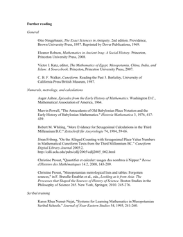 Further Reading General Otto Neugebauer, the Exact Sciences in Antiquity. 2Nd Edition. Providence, Brown University Press, 1957