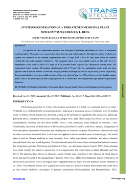 Invitro Regeneration of a Threatened Medicinal Plant Phyllodium Pulchellum L