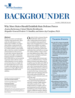 Why More States Should Establish State Defense Forces Jessica Zuckerman, Colonel Martin Hershkowitz, Brigadier General Frederic N