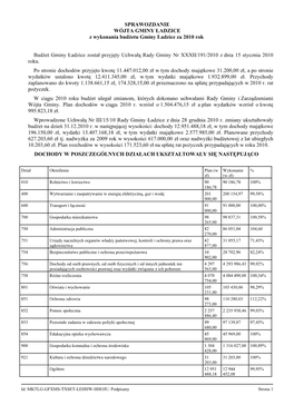 SPRAWOZDANIE WÓJTA GMINY ŁADZICE Z Wykonania Budżetu Gminy Ładzice Za 2010 Rok