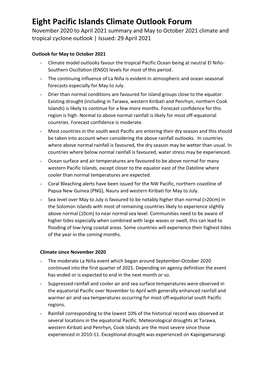 Eight Pacific Islands Climate Outlook Forum November 2020 to April 2021 Summary and May to October 2021 Climate and Tropical Cyclone Outlook | Issued: 29 April 2021