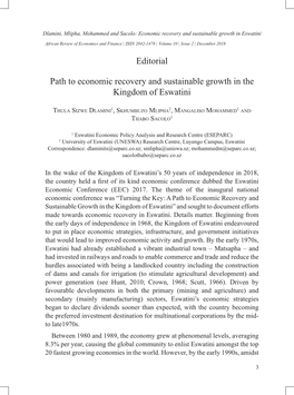 Editorial Path to Economic Recovery and Sustainable Growth in the Kingdom of Eswatini