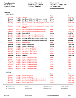 Printable LLHS Softball 2020-2021 Schedule