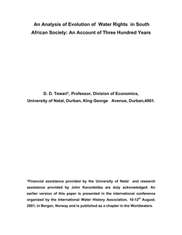 An Analysis of Evolution of Water Rights in South African Society: an Account of Three Hundred Years