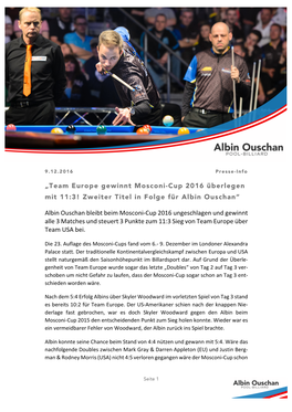 Presse Info Albin Ouschan Sieg Mosconi Cup 2016