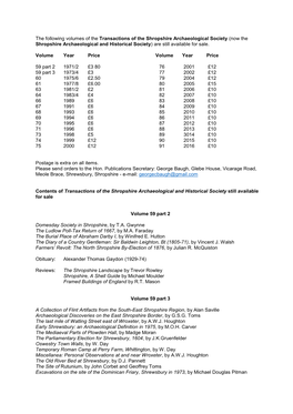 The Following Volumes of the Transactions of the Shropshire