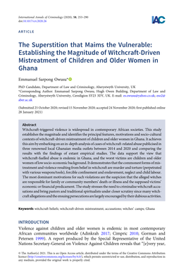 The Superstition That Maims the Vulnerable: Establishing the Magnitude of Witchcraft-Driven Mistreatment of Children and Older Women in Ghana