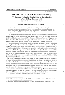 STUDIES in PACIFIC BOMBYLIIDAE (DIPTERA) IV. on Some Philippine Bombyliidae in the Collection of the Bishop Museum, with Descriptions of New Species1