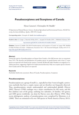 Pseudoscorpiones and Scorpiones of Canada 67 Doi: 10.3897/Zookeys.819.27121 CHECKLIST Launched to Accelerate Biodiversity Research
