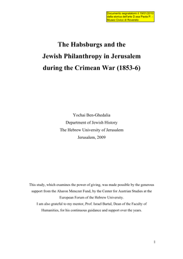 The Habsburgs and the Jewish Philanthropy in Jerusalem During the Crimean War (1853-6)