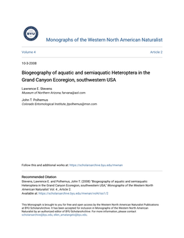 Biogeography of Aquatic and Semiaquatic Heteroptera in the Grand Canyon Ecoregion, Southwestern USA