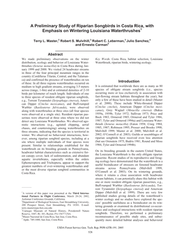 A Preliminary Study of Riparian Songbirds in Costa Rica, with Emphasis on Wintering Louisiana Waterthrushes1