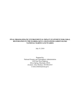 Final Programmatic Environmental Impact Statement for Coral Restoration in the Florida Keys and Flower Garden Banks National Marine Sanctuaries