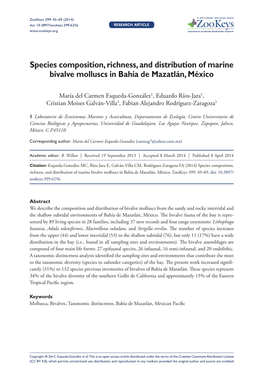 Species Composition, Richness, and Distribution of Marine Bivalve Molluscs in Bahía De Mazatlán, México