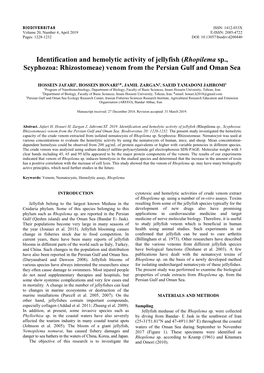 Identification and Hemolytic Activity of Jellyfish (Rhopilema Sp., Scyphozoa: Rhizostomeae) Venom from the Persian Gulf and Oman Sea