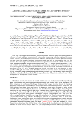 Arsenic and Lead Level from Upper to Lower Indus Basin of Pakistan