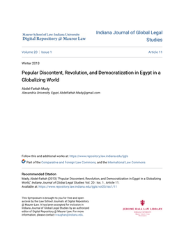 Popular Discontent, Revolution, and Democratization in Egypt in a Globalizing World