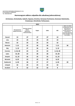 Harmonogram Odbioru Odpadów Dla Zabudowy Jednorodzinnej