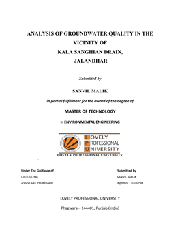 Analysis of Groundwater Quality in the Vicinity of Kala Sanghian Drain, Jalandhar