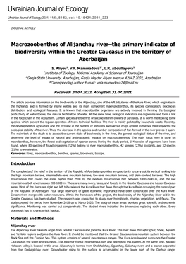 Macrozoobenthos of Alijanchay River?The Primary Indicator of Biodiversity Within the Greater Caucasus in the Territory