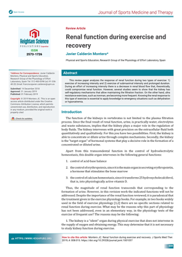 Renal Function During Exercise and Recovery ISSN 2573-1726 Javier Calderón Montero*