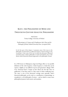 'Kant, the Philosophy of Mind and Twentieth-Century Analytic