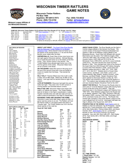 Wisconsin Timber Rattlers Game Notes