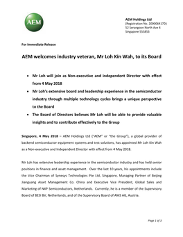 AEM Welcomes Industry Veteran, Mr Loh Kin Wah, to Its Board