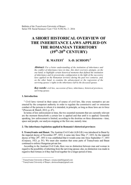 A SHORT HISTORICAL OVERVIEW of the INHERITANCE LAWS APPLIED on the ROMANIAN TERRITORY (19Th-20Th CENTURY)