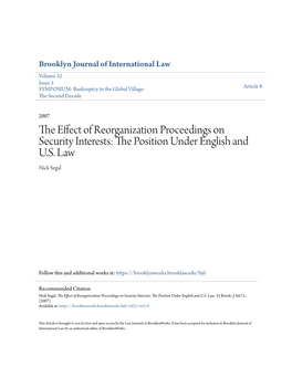 The Effect of Reorganization Proceedings on Security Interests: the Position Under English and U.S