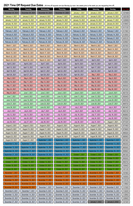 2021 Time Off Request Due Dates