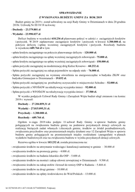 SPRAWOZDANIE Z WYKONANIA BUDŻETU GMINY ZA ROK 2019 Budżet Gminy Na 2019 R